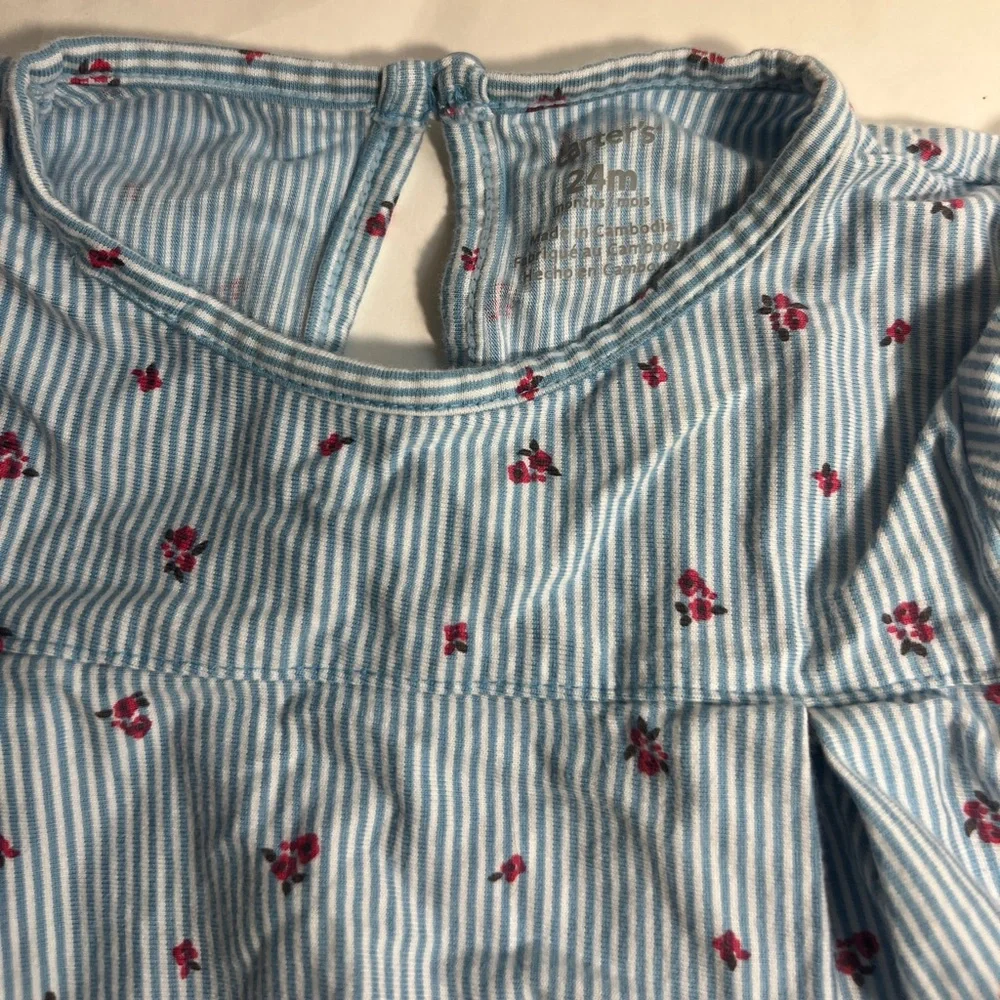 Girls Carter Blue Striped Baby Bodysuit with Red Accents 24 months